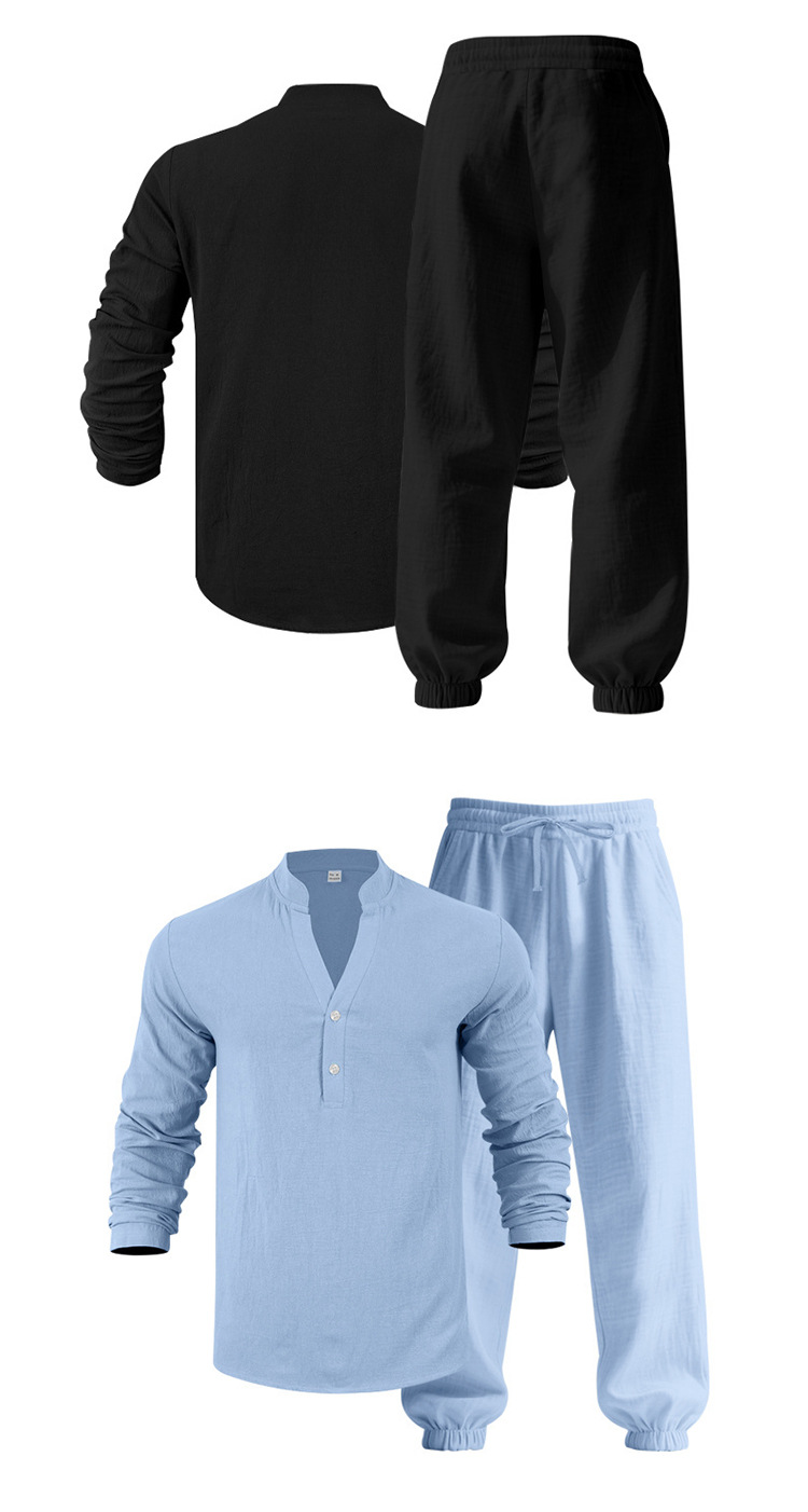 Completo uomo camicia henry e pantaloni in lino casual_voghion.com