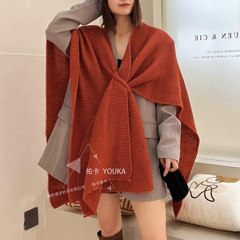 韓国の女性用ロングショール、高級秋冬ファッションアウターウェア、卸売模造カシミヤ雰囲気ニットマントショール|undefined