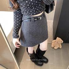 实拍 2025秋冬新款韩版时尚百搭高腰显瘦呢子短裙毛呢半身裙配皮