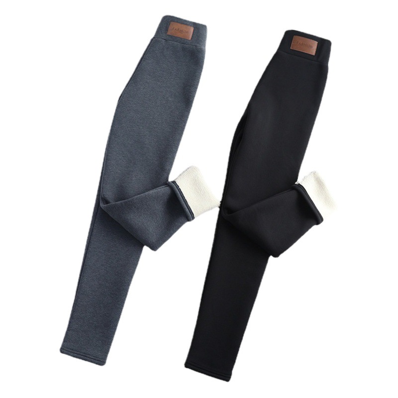 Polainas de lana de cordero extra gruesas del noreste ropa exterior de las mujeres de invierno con forro polar grueso más el tamaño de cintura alta vientre que contrae pantalones cálidos Otoño e Invierno