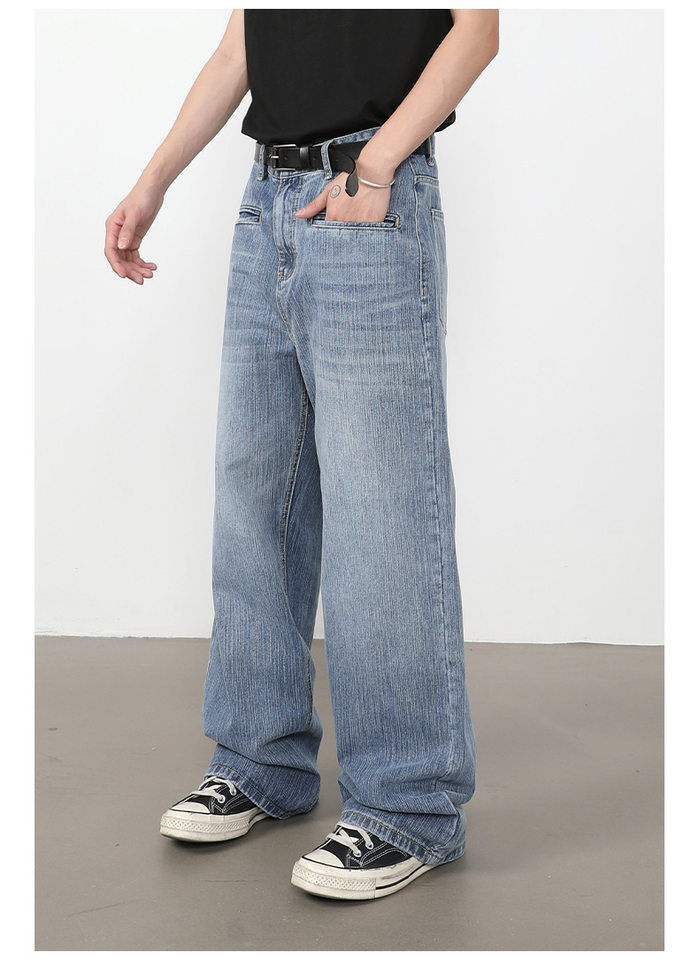 Quần jeans nam ống rộng suông thẳng túi trước họa tiết vân tre — màu xanh chi tiết 7