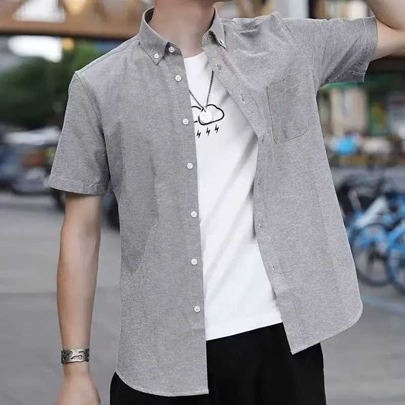 男士短袖衬衫休闲纯色衬衣青年简约时尚潮流ins原宿商务衬衫上衣
