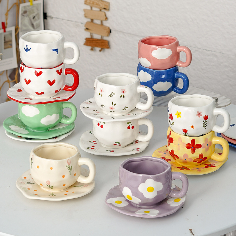 Foreign Trade Cross-Border Coffee Cup and Saucer Set Ins Style Hand-Painted Ceramic Cup Female High-Looking Cup Hand-Kneaded Afternoon Tea Cup
