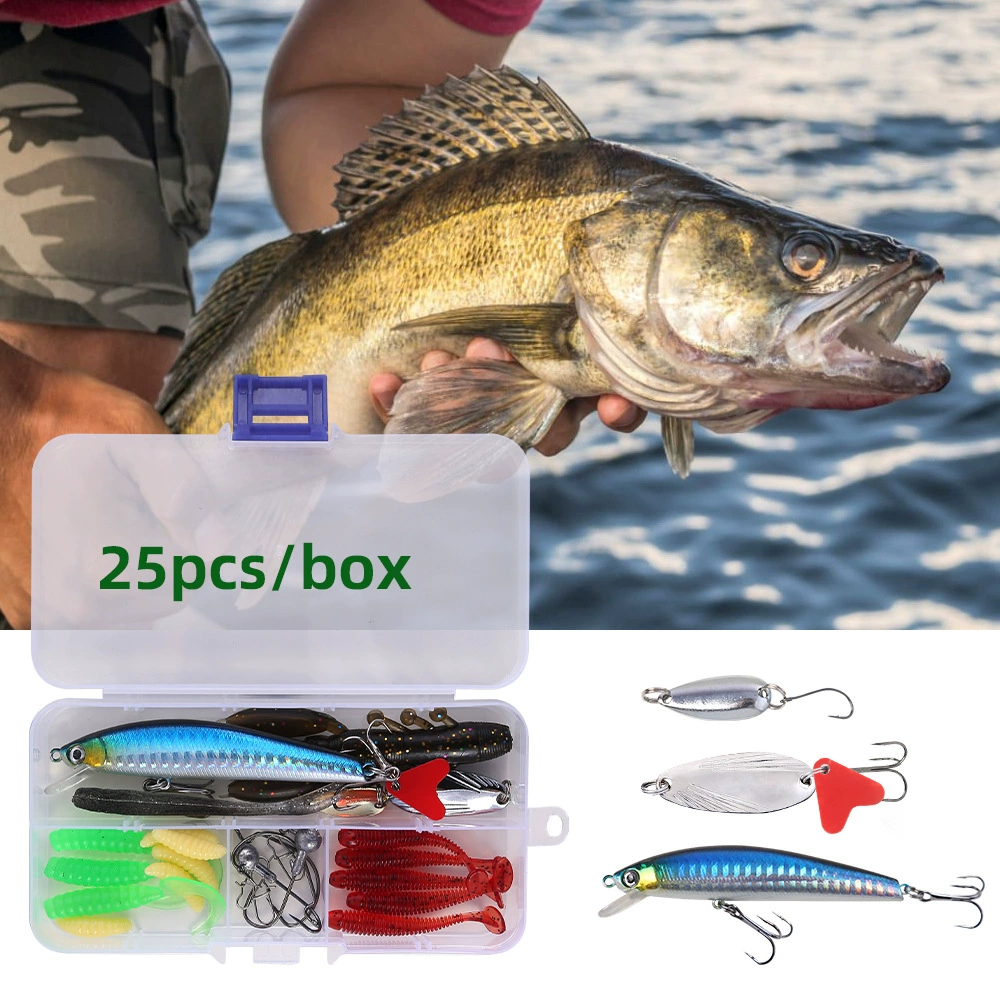 Набор мягких приманок для рыбалки: 25 шт./упак., T-образный хвост, мягкий червь, хлебный червь, мягкая приманка, минноу, твердая приманка, крэнк-хук, тыква, штифт.