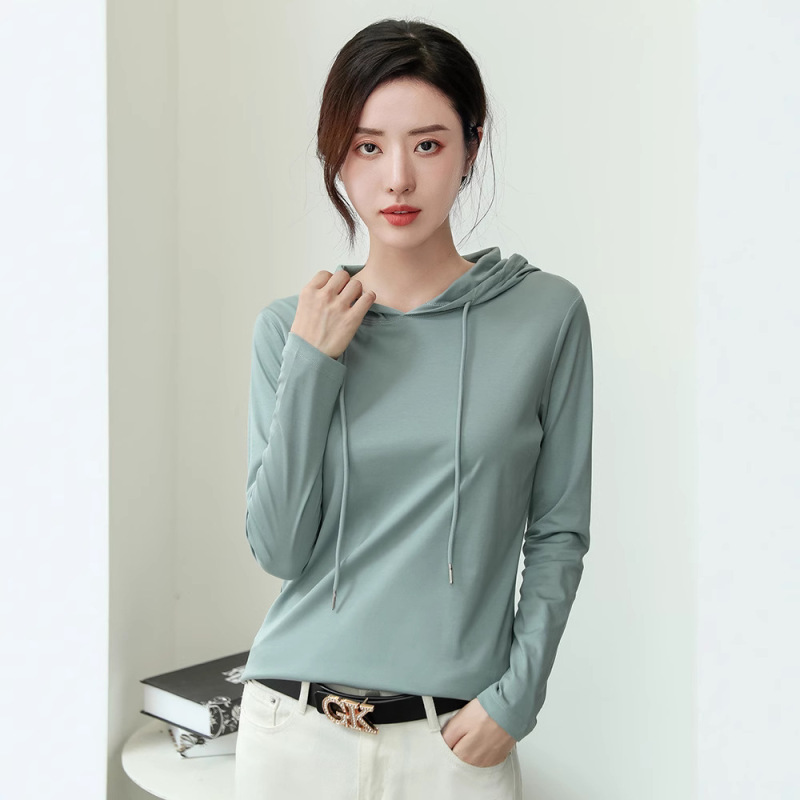 Silk-Gloss Cotton Hooded Sweatshirt T-Shirt for Women 2026 Spring New Style Pure Cotton Versatile Light Luxury Thin Fashion Base Shirt Silk-Gloss Cotton Hooded Sweatshirt T-Shirt for Women 2026 Spring New Style Pure Cotton Versatile Light Luxury Thin Fashion Base Shirt