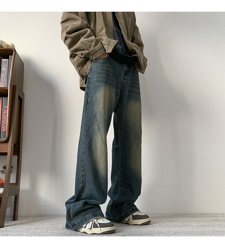 Men's High Street Cleanfit Vintage Washed Denim Jeans - Relaxed Fit Straight Leg Trousers For Casual Wear​_mkmklike.com