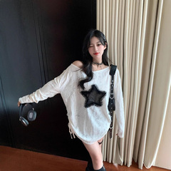 胖mm甜酷风星星镂空长袖上衣女秋季新款设计感小众宽松抽绳T恤潮