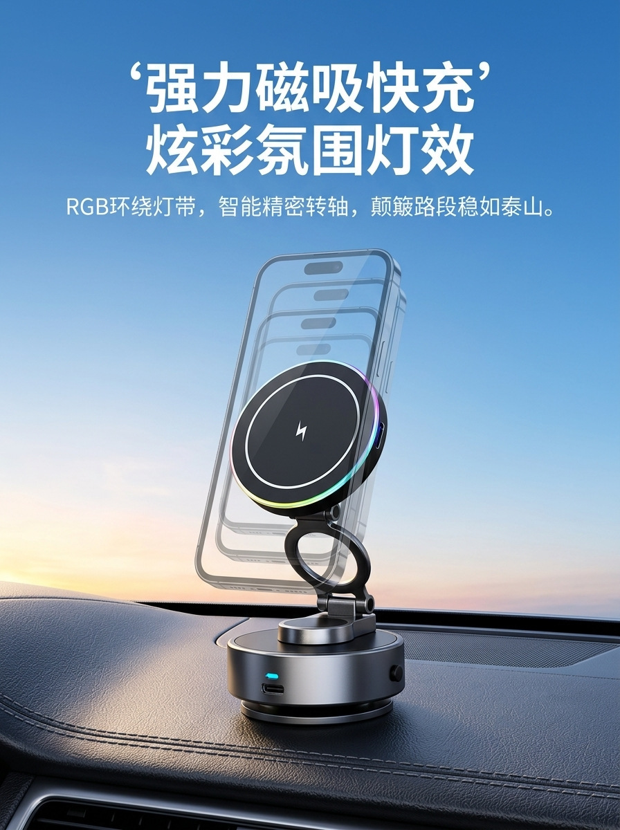 Wireless charging car phone holder, center console navigation stand, third-generation rotating car phone mount, wholesale