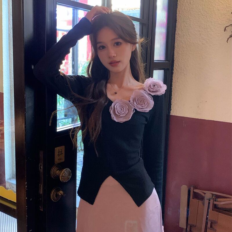 立体玫瑰修身V领气质长袖针织衫显瘦半身长裙女2025秋季时尚套装|undefined