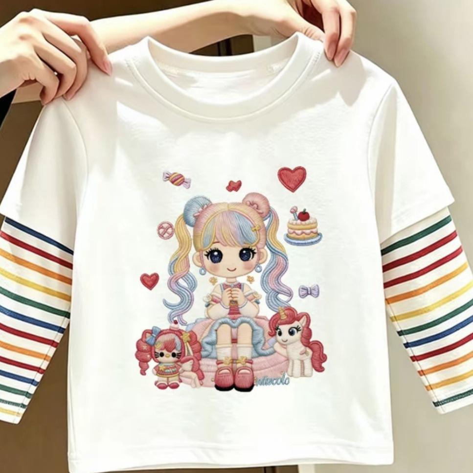 100% cotton cartoon striped patchwork long-sleeve T-shirt for boys and girls, spring/autumn new style, cute top for toddlers and children