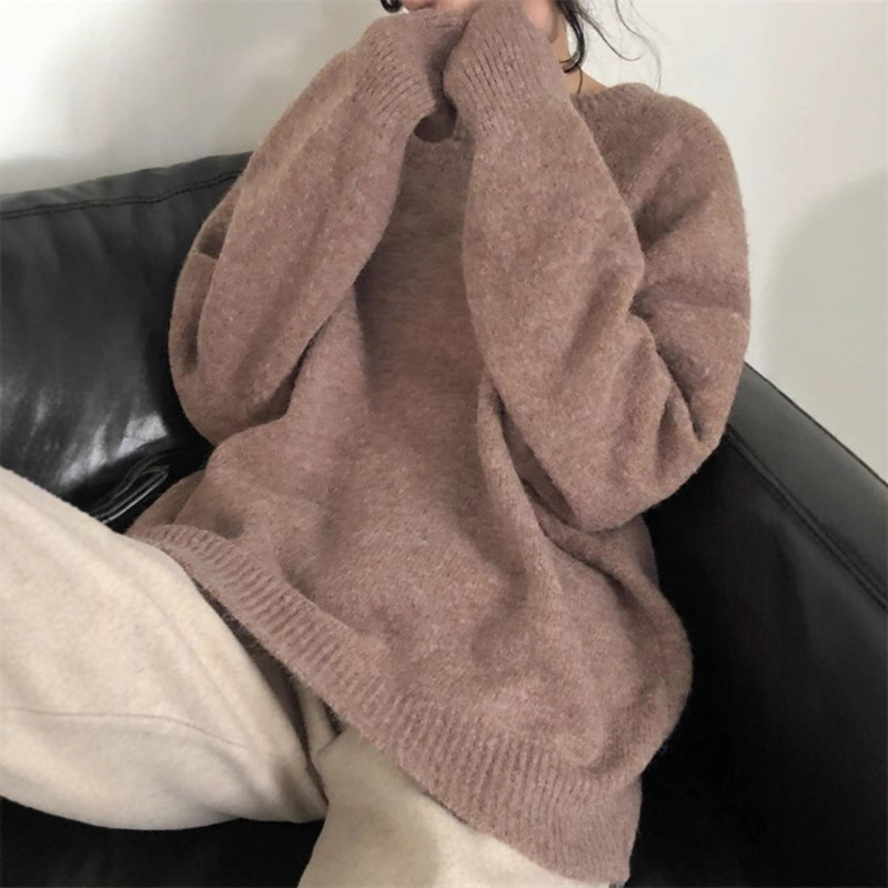 跨境韩系慵懒圆领毛衣女秋冬新款宽松显瘦打底套头内搭针织衫上衣|undefined