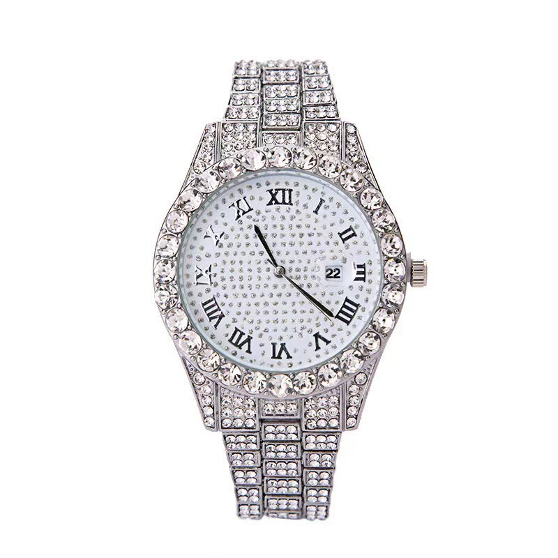 Foreign Trade Diamond-Encrusted Casual Versatile Men's High-End Watch Fashion Business Steel Band Roman Numeral Face Scale Fashion Wrist Watch Foreign Trade Diamond-Encrusted Casual Versatile Men's High-End Watch Fashion Business Steel Band Roman Numeral Face Scale Fashion Wrist Watch