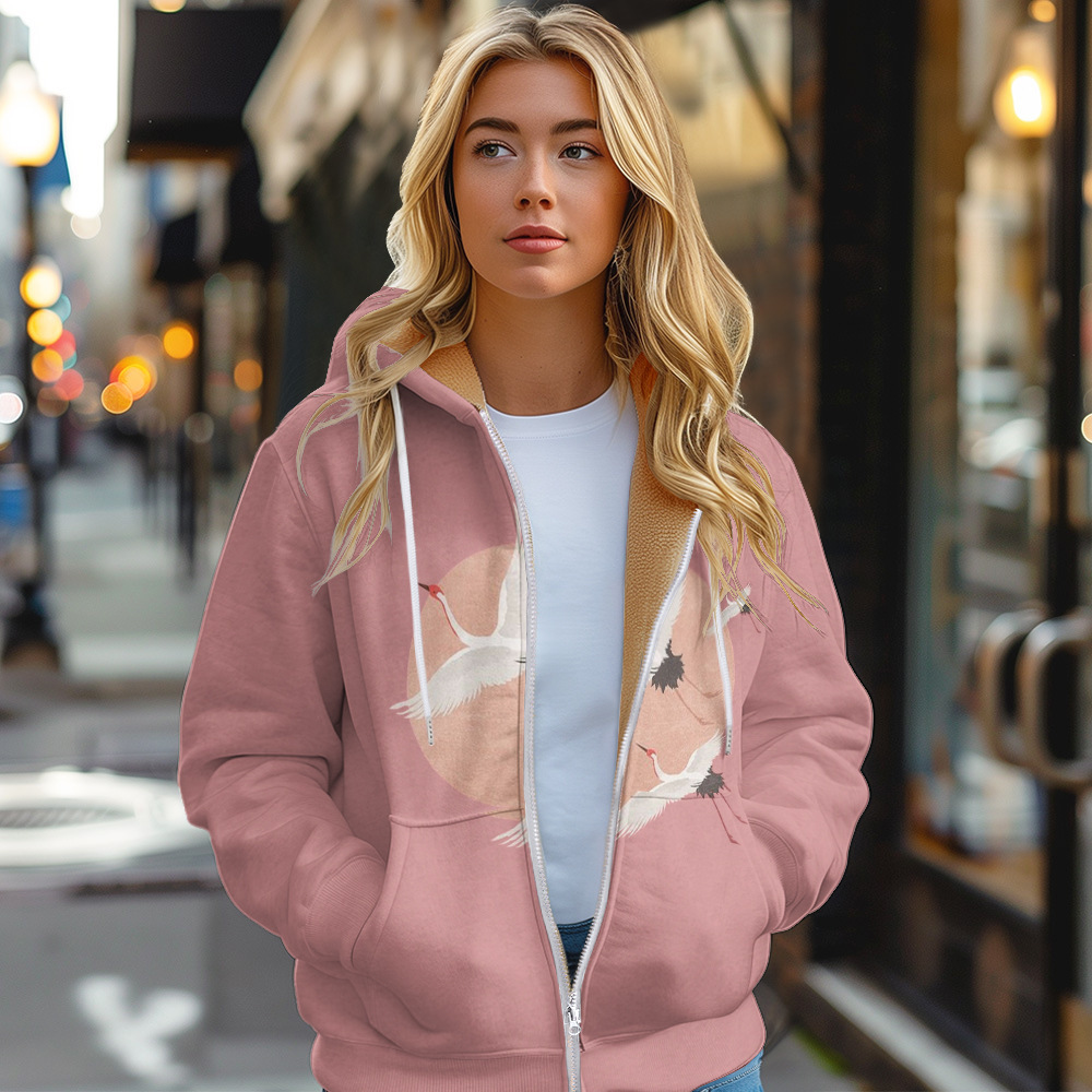 跨境独立站亚马逊数码印花休闲女款拉链连帽开衫棉服棕色里布D186