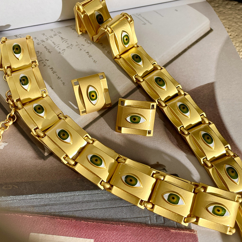 中古哑金色方形眼睛拼接颈链新款小方块恶魔之眼choker项圈套装女