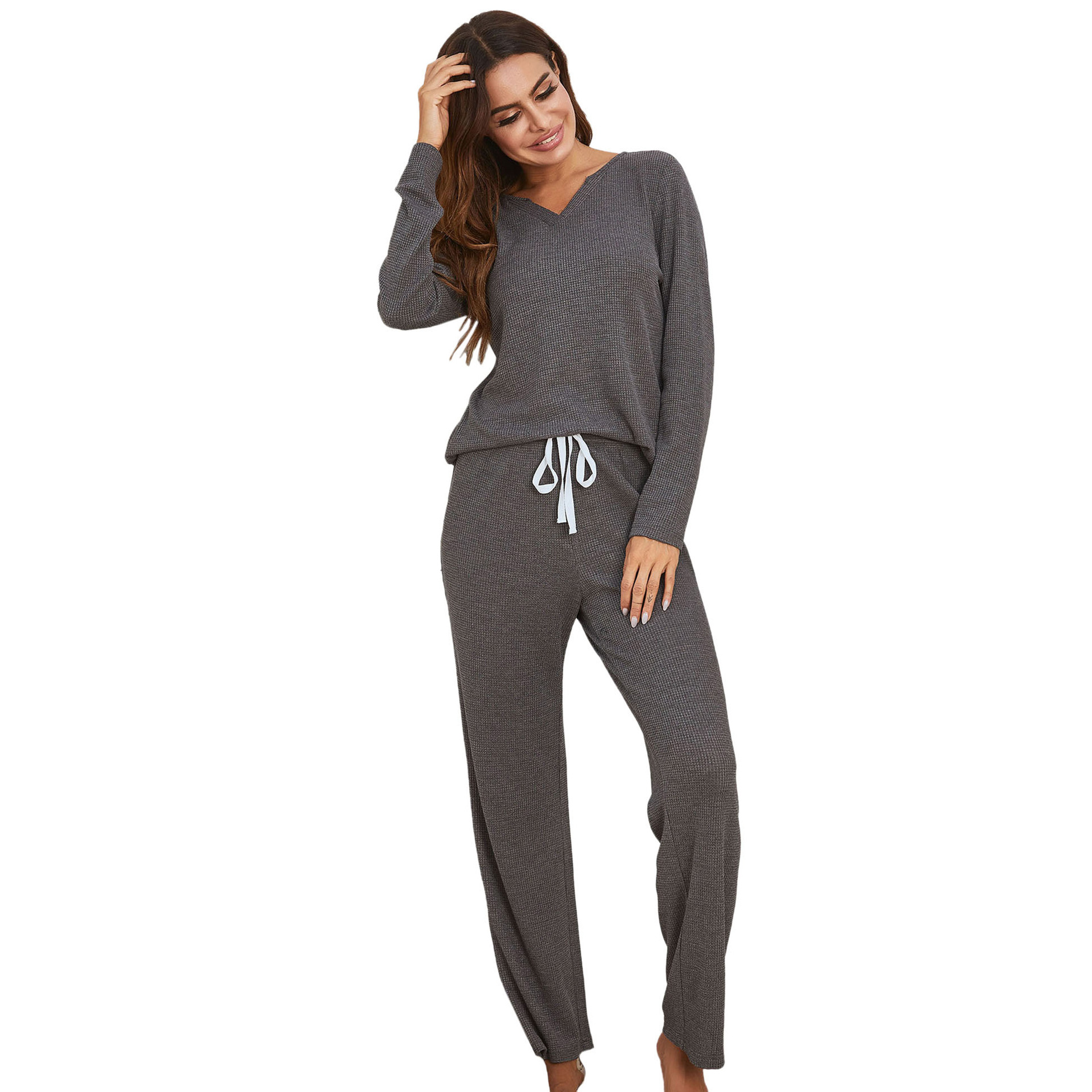 Autumn and Winter Women's Fury Waffle Long sleeved Pants Home Pajama Set for Women_voghion.com