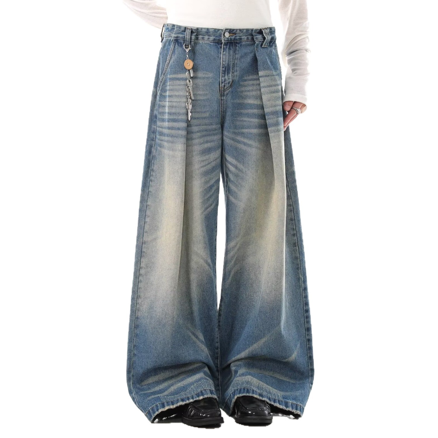 High Waist Wide-Leg Vintage Washed Jeans Cat Whisker Distressing Classic Blue S-3XL Men's Clothing Denim Trousers_mkmklike.com