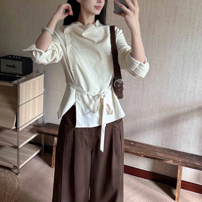 法式设计【时宜】简约不对称荡领斜门襟绑带收腰上衣女高质感衬衫|undefined