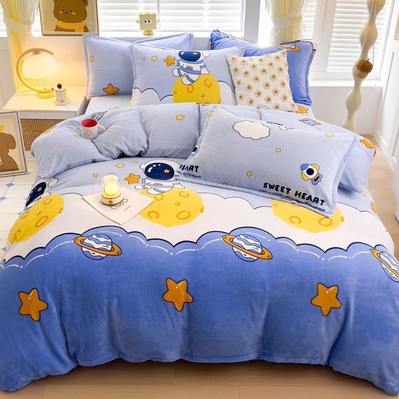 Cubierta de edredón de lana de leche de invierno de dibujos animados para niños pieza individual 150x200 terciopelo de coral más terciopelo grueso 1.5 juego de cama de cuatro piezas