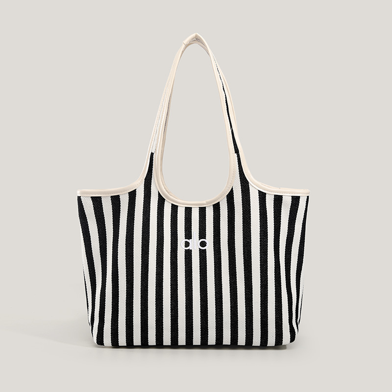 Cross-Border Women's New Artistic Tote Bag, Striped Large Capacity Shoulder Bag, Canvas Commuter Handbag - Thumbnail 2