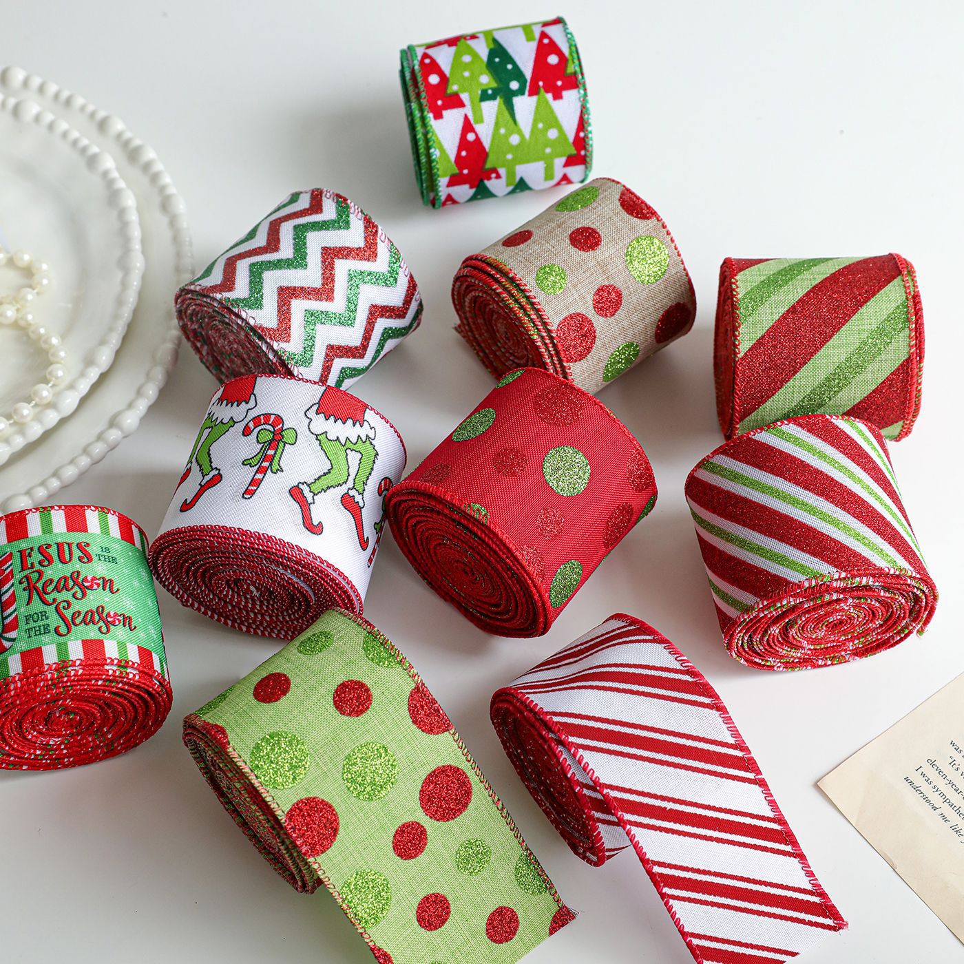 Ribbon de Navidad rayas de color ribbon minimalista árbol de Navidad guirnaldas decoración de regalo embalaje arco diseño de atmósfera