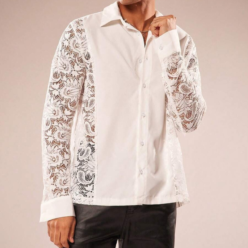 2026 New Cross-Border Men's Floral Lace Button-Up Shirt, See-Through Long-Sleeve Collared Top, Sexy Clubwear