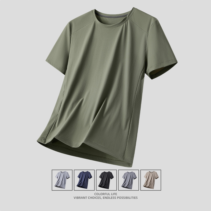 Cool Casual Ice Silk Quick-Drying Short-Sleeved T-Shirt Outdoor Sports Thin Summer Men's Breathable Round Neck Pure Color Top