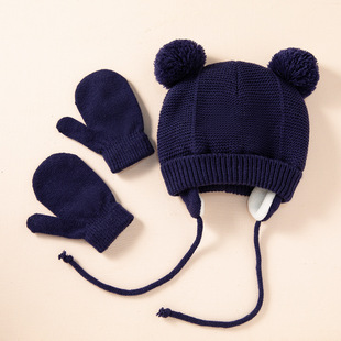 European and American New Kidsren's Braided Hat and Gloves Set, Ready-Made Warm Ear Protection Kidsren's Knitted Hat and Gloves Set