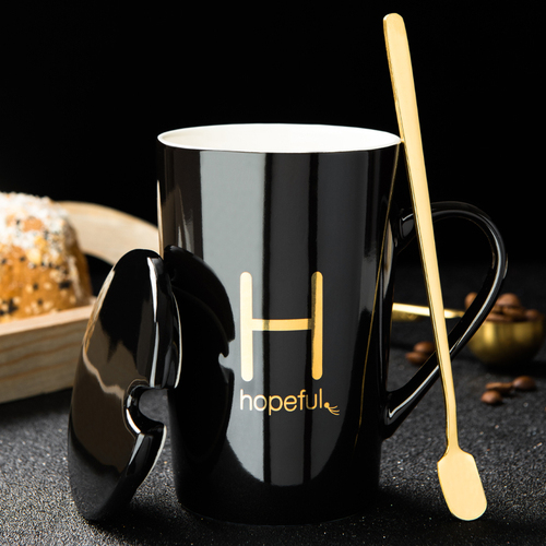 58C1 Ceramic Cup Household Water Cup Mug Covered Spoon Boys and Girls Couple Coffee Cup Office Tea Cup Dormitory