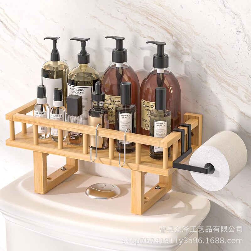 Bamboo and Wood Seamless Viscous Bathroom Storage Rack with Tissue Holder Hook Address Oh Storage Rack Above Toilet