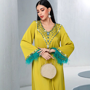 BA5089 Cross-border Middle East Robe Muslim Stitched Diamond Robe Stitching Feather Women's Elegant dress