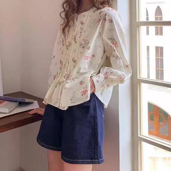 2024 Spring French Romantic Floral Long Sleeve Shirt Women's Spring Puff Sleeve Tuck Pleat Temperament Shirt Women