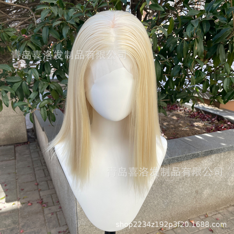 Foreign Trade Export 13X6 Lace Front Wig, Light Golden Color, Shawl-Length Hair, Free Parting, Collarbone-Length Hair, Natural Hairline, High Temperature Resistant