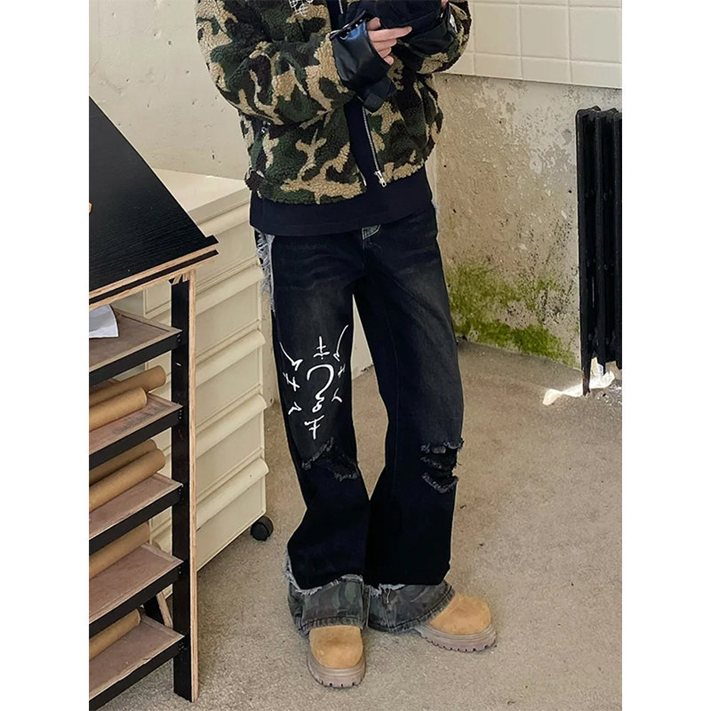 European And American Hip Hop Niche Patchwork Jeans Men's American Street Style Loose Casual Washed Ripped Straight Leg Jeans_mkmklike.com