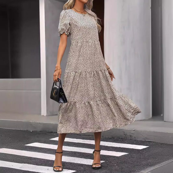 2024 Cross Border Women's Summer Casual Bohemian dress Leopard Floral Print Pleated Puff Sleeve Jumpsuit