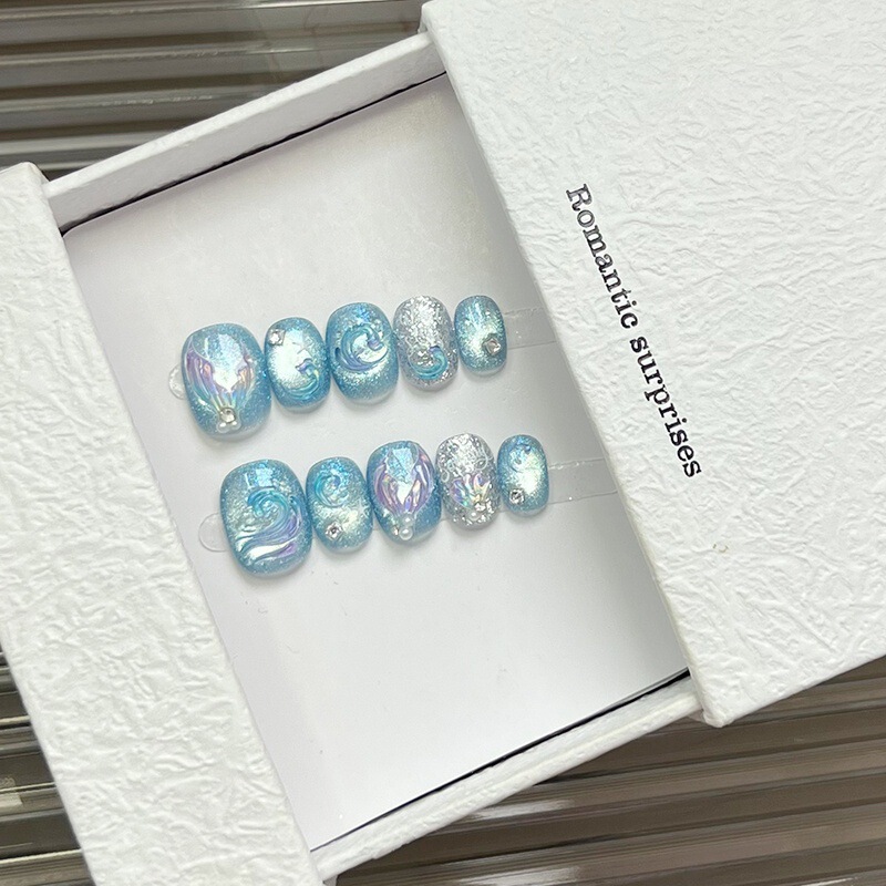 Purely Handmade Wearable Nails, Cute Starfish Shells, Cat Eyes, Hand-Painted Fantasy Mermaid Short Square and Round Handmade Nail Art Stickers