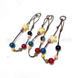 新款ins棕色黄星星方块油蜡线百搭手机链潮包木珠时尚挂链挂饰