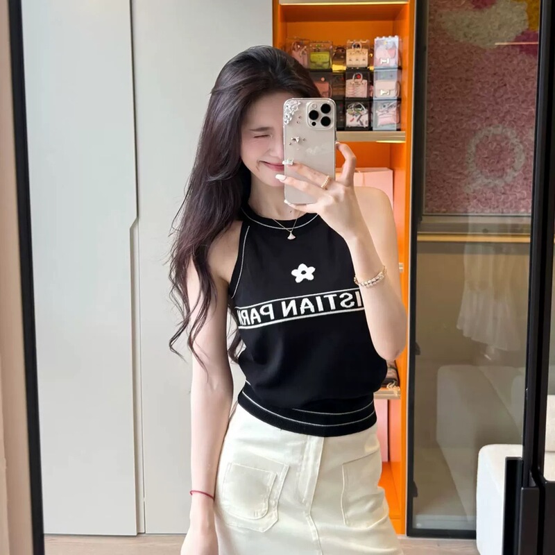 韩系撞色字母挂脖针织吊带背心女夏外穿修身高级感辣妹无袖上衣|undefined