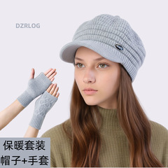 跨境新款女士针织帽子冬天加绒保暖防寒毛线帽时尚加厚百搭鸭舌帽