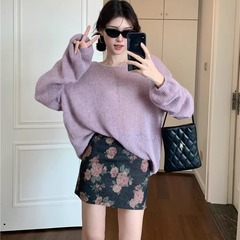 慵懒风紫色圆领长袖毛衣女早秋季复古宽松针织衫软糯百搭套头上