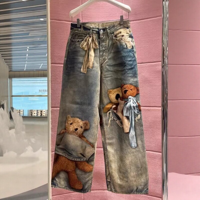 Design-Inspired Bear 3D Print Wide-Leg Jeans for Women 2026 New Style Loose Straight Retro Trendy Pants Design-Inspired Bear 3D Print Wide-Leg Jeans for Women 2026 New Style Loose Straight Retro Trendy Pants