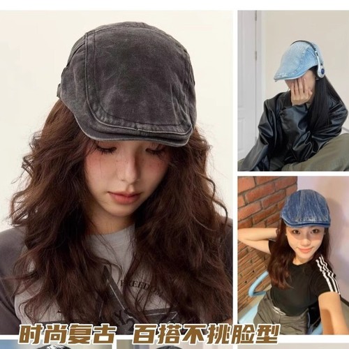 Unbranded Japanese Retro Denim Forward Hat for Women, Large Brim Round Head English Octagonal Artist Hat, Versatile Newsboy Hat for Men