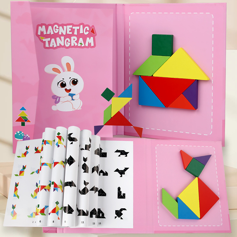 Weiweihu Kids Magnetic Tangram Clip de libro Formas geométricas Tablero de rompecabezas cognitivo Juguete de rompecabezas de rompecabezas de madera