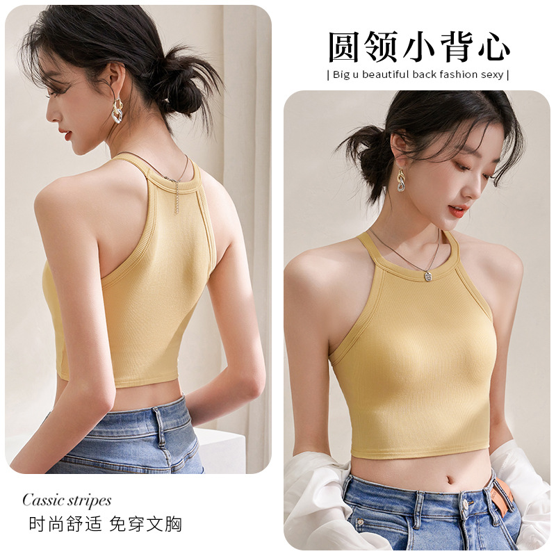Halter camisola de las mujeres de la correa interior almohadilla del pecho desgaste exterior elegante sujetador corto de una sola pieza deportes blancos bottoming top