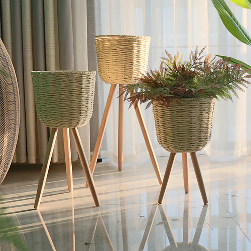 Nordic style creative wicker and grass basket wooden tall flower stand floor-standing indoor living room decoration pothos plant pot