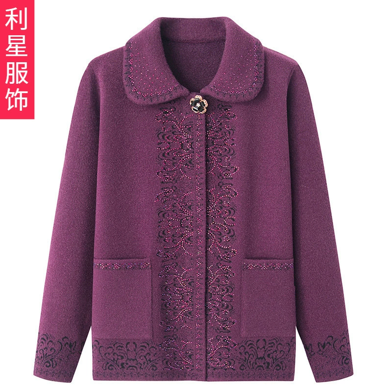 [Индивидуальные] Весенне-осеннее платье матери Кардиган из кристаллов кашемира Свитер Шерстяное Пальто Для Бабушек среднего и пожилого возраста Пальто