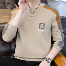 男士卫衣春秋款贴布刺绣圆领内搭上衣服潮流拼接撞色休闲打底小衫