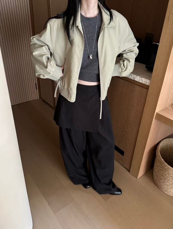 沐泽早秋新款短外套一痞帅高级感潮流翻领拉链夹克春秋女装U8034|undefined