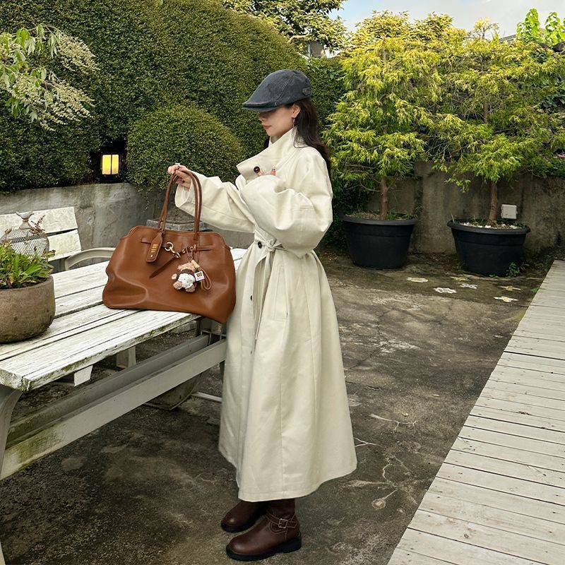 奶白色立领风衣女2025年春秋新款韩版设计感宽松单排扣收腰外套潮|undefined