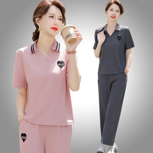 中年妇女夏季套装妈妈夏装短袖翻领T恤中老年女装休闲运动两件套