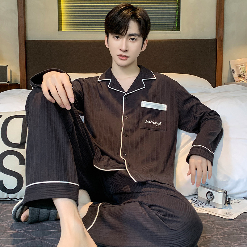 Pijamas de hombre cuidadosamente seleccionados, primavera y otoño, algodón puro, manga larga, nuevo estilo suelto, talla grande, los jóvenes pueden usar ropa de hogar